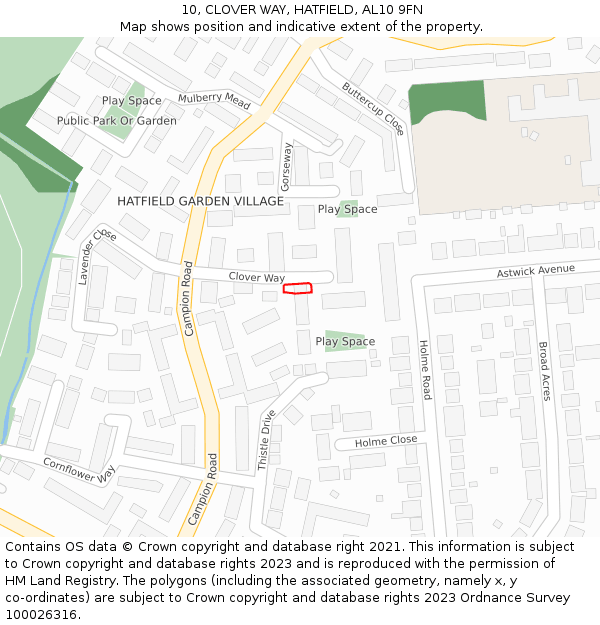 10, CLOVER WAY, HATFIELD, AL10 9FN: Location map and indicative extent of plot