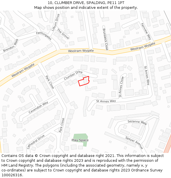 10, CLUMBER DRIVE, SPALDING, PE11 1PT: Location map and indicative extent of plot