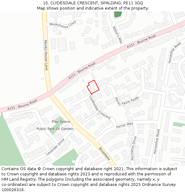 10, CLYDESDALE CRESCENT, SPALDING, PE11 3GQ: Location map and indicative extent of plot