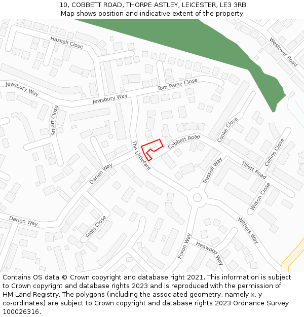 10, COBBETT ROAD, THORPE ASTLEY, LEICESTER, LE3 3RB: Location map and indicative extent of plot