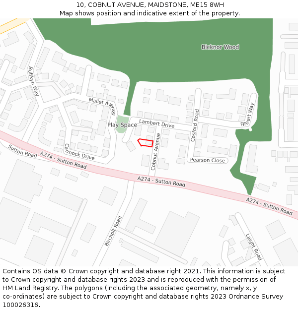 10, COBNUT AVENUE, MAIDSTONE, ME15 8WH: Location map and indicative extent of plot