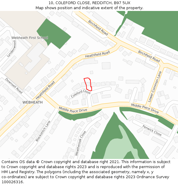 10, COLEFORD CLOSE, REDDITCH, B97 5UX: Location map and indicative extent of plot