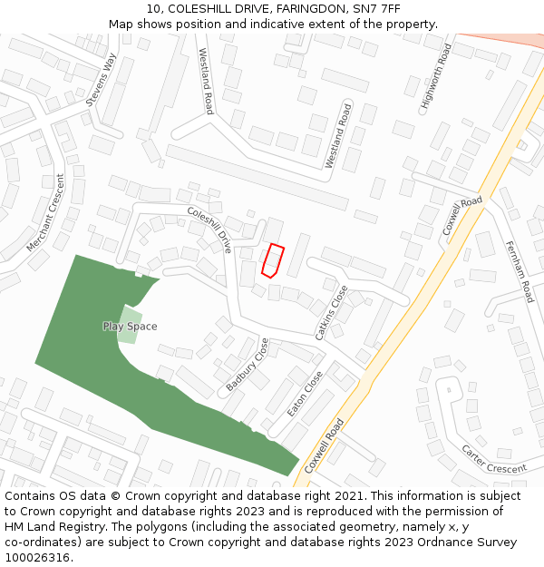 10, COLESHILL DRIVE, FARINGDON, SN7 7FF: Location map and indicative extent of plot