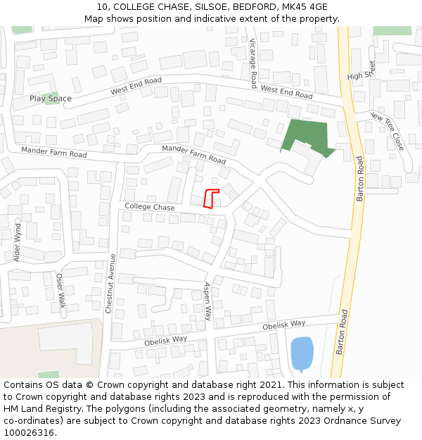 10, COLLEGE CHASE, SILSOE, BEDFORD, MK45 4GE: Location map and indicative extent of plot