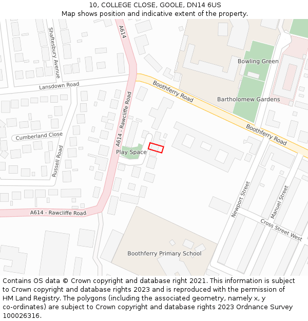 10, COLLEGE CLOSE, GOOLE, DN14 6US: Location map and indicative extent of plot