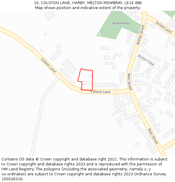 10, COLSTON LANE, HARBY, MELTON MOWBRAY, LE14 4BE: Location map and indicative extent of plot