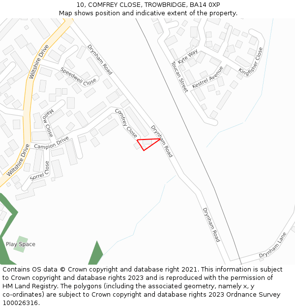 10, COMFREY CLOSE, TROWBRIDGE, BA14 0XP: Location map and indicative extent of plot