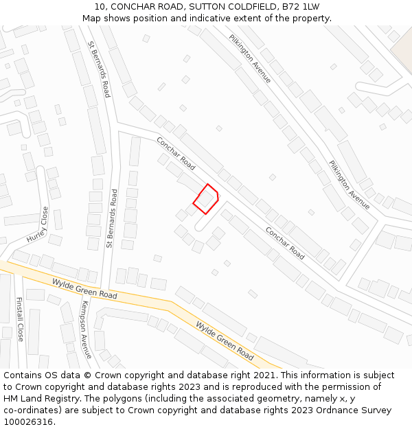 10, CONCHAR ROAD, SUTTON COLDFIELD, B72 1LW: Location map and indicative extent of plot