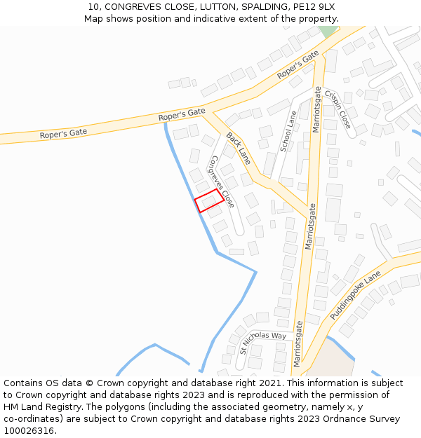 10, CONGREVES CLOSE, LUTTON, SPALDING, PE12 9LX: Location map and indicative extent of plot