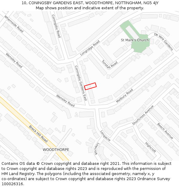 10, CONINGSBY GARDENS EAST, WOODTHORPE, NOTTINGHAM, NG5 4JY: Location map and indicative extent of plot