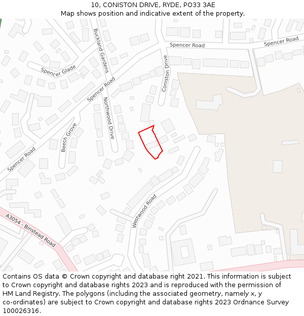 10, CONISTON DRIVE, RYDE, PO33 3AE: Location map and indicative extent of plot