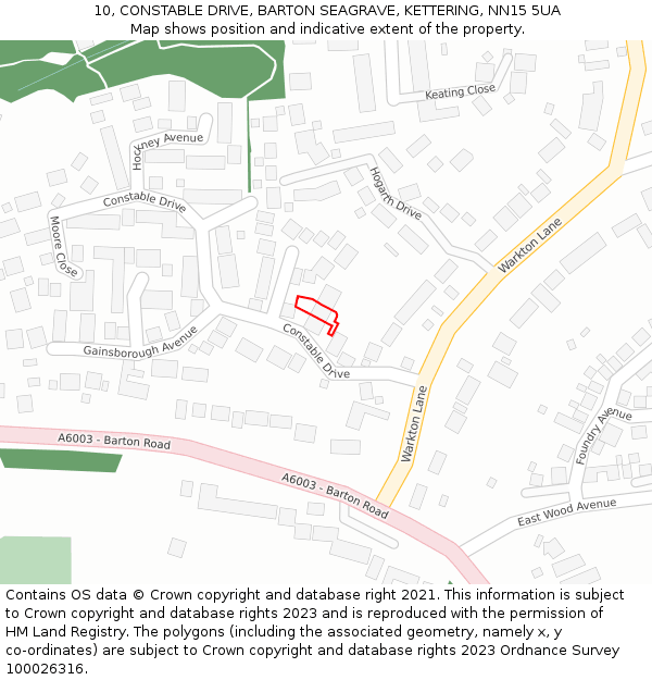 10, CONSTABLE DRIVE, BARTON SEAGRAVE, KETTERING, NN15 5UA: Location map and indicative extent of plot