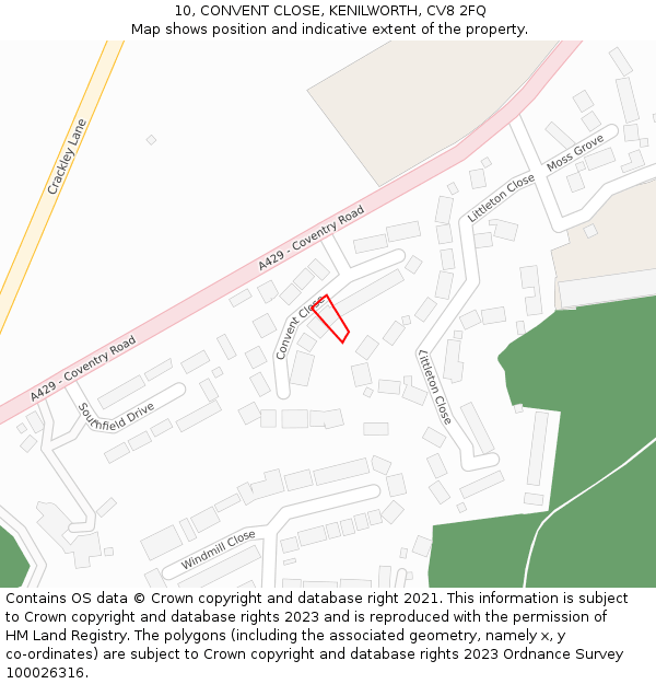 10, CONVENT CLOSE, KENILWORTH, CV8 2FQ: Location map and indicative extent of plot