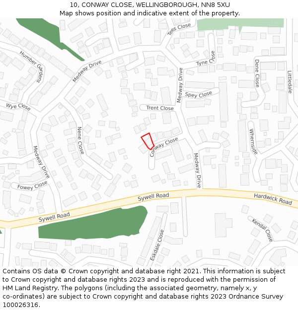10, CONWAY CLOSE, WELLINGBOROUGH, NN8 5XU: Location map and indicative extent of plot