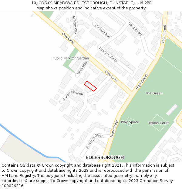 10, COOKS MEADOW, EDLESBOROUGH, DUNSTABLE, LU6 2RP: Location map and indicative extent of plot
