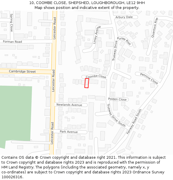 10, COOMBE CLOSE, SHEPSHED, LOUGHBOROUGH, LE12 9HH: Location map and indicative extent of plot