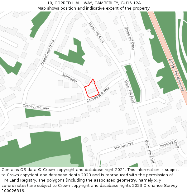 10, COPPED HALL WAY, CAMBERLEY, GU15 1PA: Location map and indicative extent of plot