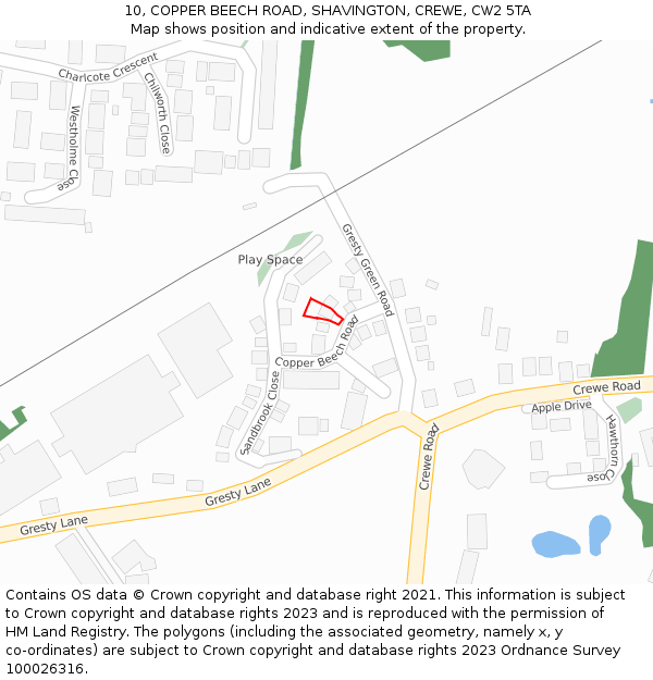 10, COPPER BEECH ROAD, SHAVINGTON, CREWE, CW2 5TA: Location map and indicative extent of plot