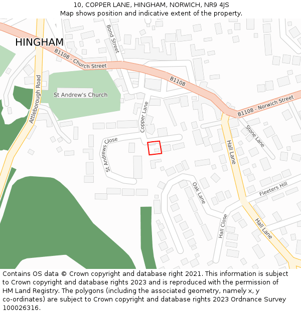 10, COPPER LANE, HINGHAM, NORWICH, NR9 4JS: Location map and indicative extent of plot