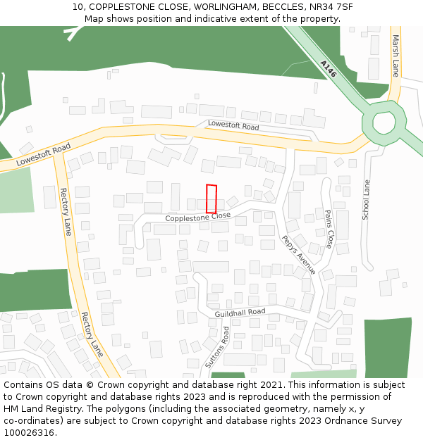 10, COPPLESTONE CLOSE, WORLINGHAM, BECCLES, NR34 7SF: Location map and indicative extent of plot