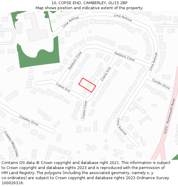 10, COPSE END, CAMBERLEY, GU15 2BP: Location map and indicative extent of plot