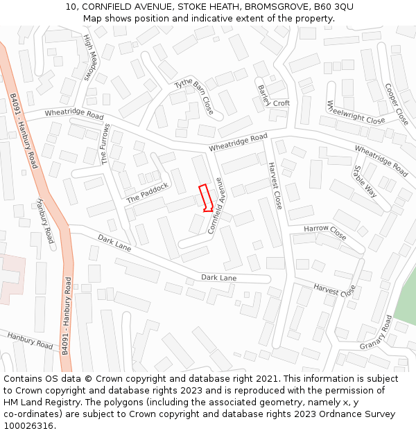 10, CORNFIELD AVENUE, STOKE HEATH, BROMSGROVE, B60 3QU: Location map and indicative extent of plot