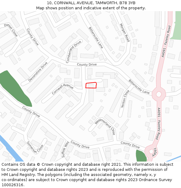 10, CORNWALL AVENUE, TAMWORTH, B78 3YB: Location map and indicative extent of plot
