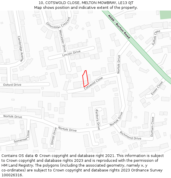 10, COTSWOLD CLOSE, MELTON MOWBRAY, LE13 0JT: Location map and indicative extent of plot