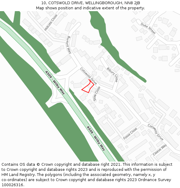 10, COTSWOLD DRIVE, WELLINGBOROUGH, NN8 2JB: Location map and indicative extent of plot