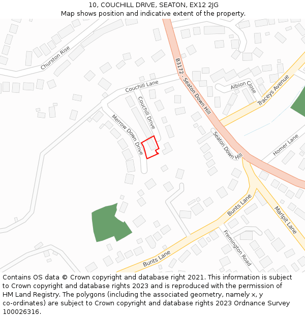 10, COUCHILL DRIVE, SEATON, EX12 2JG: Location map and indicative extent of plot