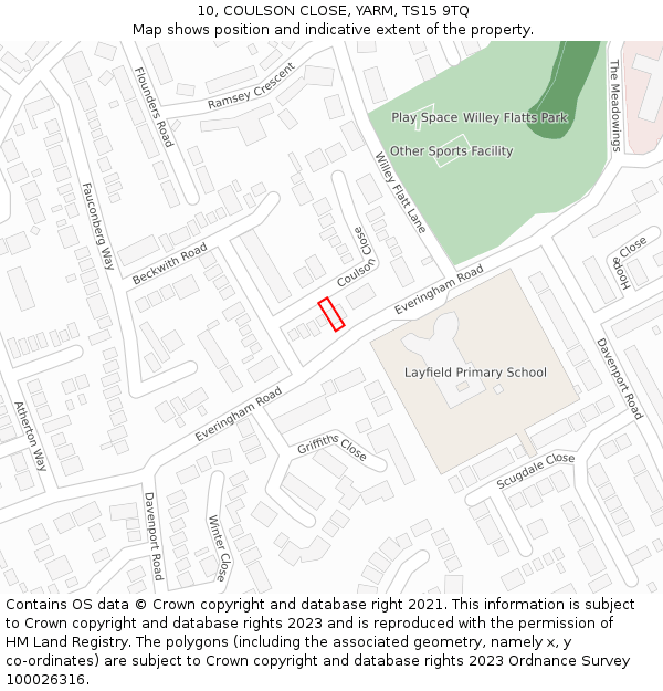 10, COULSON CLOSE, YARM, TS15 9TQ: Location map and indicative extent of plot