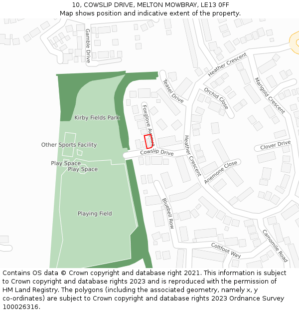 10, COWSLIP DRIVE, MELTON MOWBRAY, LE13 0FF: Location map and indicative extent of plot