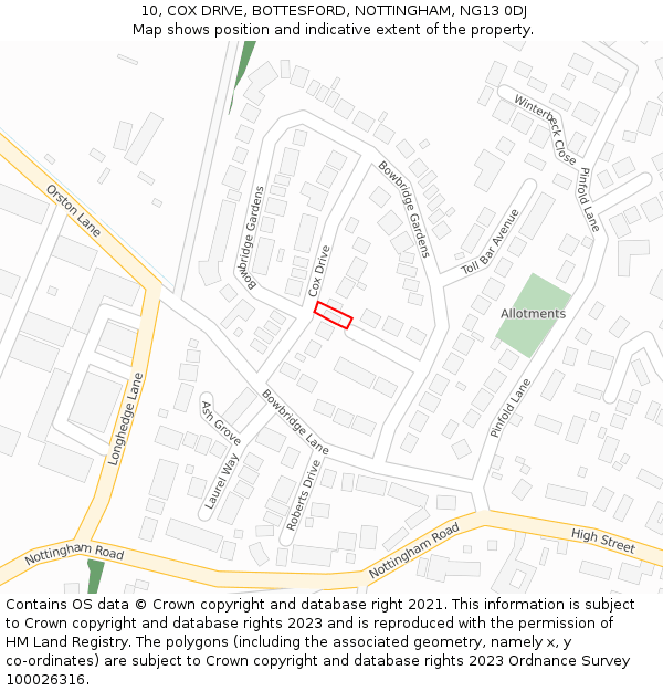 10, COX DRIVE, BOTTESFORD, NOTTINGHAM, NG13 0DJ: Location map and indicative extent of plot
