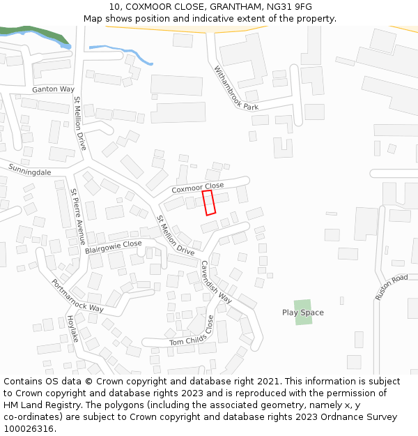 10, COXMOOR CLOSE, GRANTHAM, NG31 9FG: Location map and indicative extent of plot