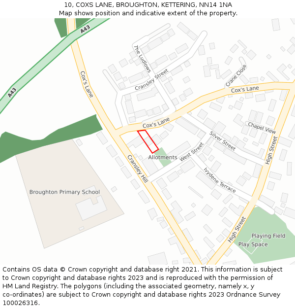 10, COXS LANE, BROUGHTON, KETTERING, NN14 1NA: Location map and indicative extent of plot