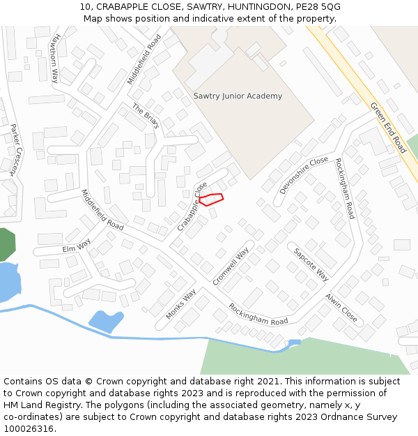 10, CRABAPPLE CLOSE, SAWTRY, HUNTINGDON, PE28 5QG: Location map and indicative extent of plot