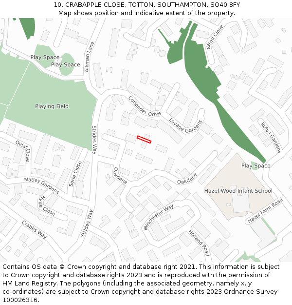 10, CRABAPPLE CLOSE, TOTTON, SOUTHAMPTON, SO40 8FY: Location map and indicative extent of plot