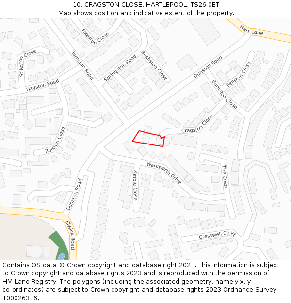10, CRAGSTON CLOSE, HARTLEPOOL, TS26 0ET: Location map and indicative extent of plot
