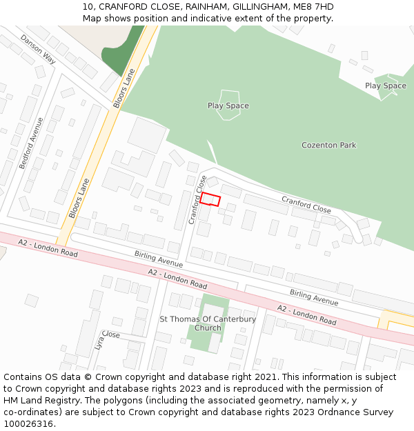 10, CRANFORD CLOSE, RAINHAM, GILLINGHAM, ME8 7HD: Location map and indicative extent of plot