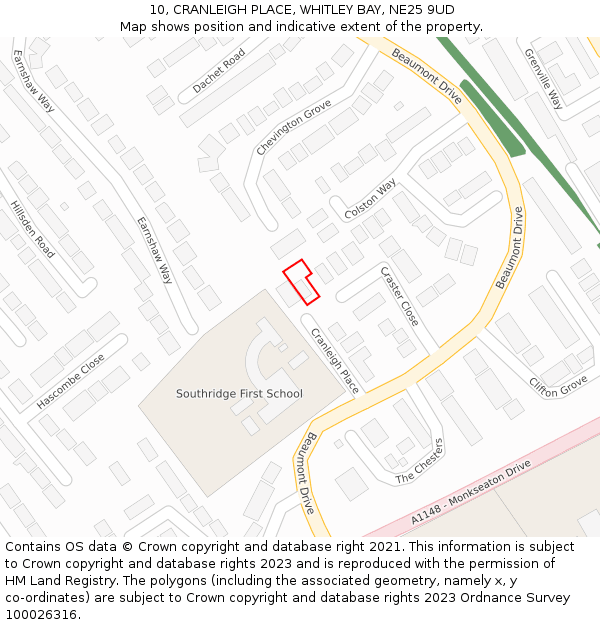 10, CRANLEIGH PLACE, WHITLEY BAY, NE25 9UD: Location map and indicative extent of plot