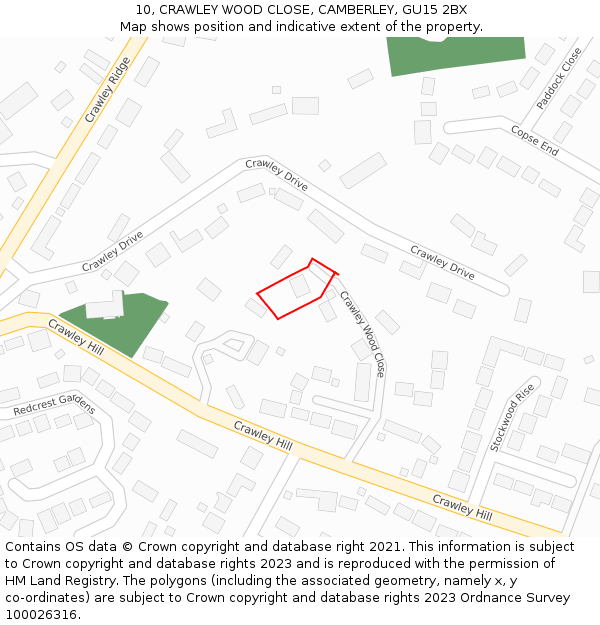 10, CRAWLEY WOOD CLOSE, CAMBERLEY, GU15 2BX: Location map and indicative extent of plot