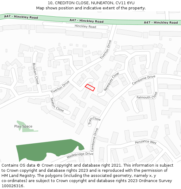10, CREDITON CLOSE, NUNEATON, CV11 6YU: Location map and indicative extent of plot