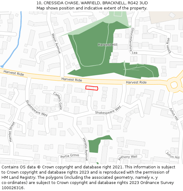 10, CRESSIDA CHASE, WARFIELD, BRACKNELL, RG42 3UD: Location map and indicative extent of plot