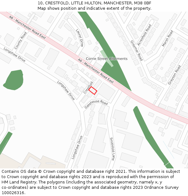 10, CRESTFOLD, LITTLE HULTON, MANCHESTER, M38 0BF: Location map and indicative extent of plot