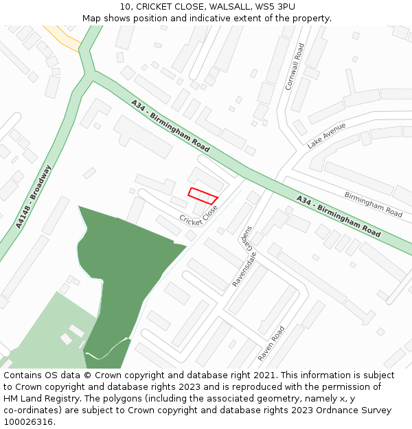 10, CRICKET CLOSE, WALSALL, WS5 3PU: Location map and indicative extent of plot