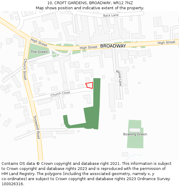 10, CROFT GARDENS, BROADWAY, WR12 7NZ: Location map and indicative extent of plot