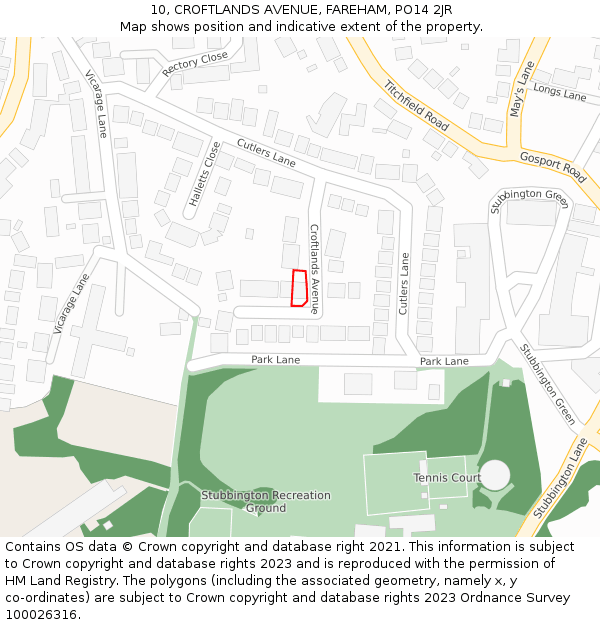 10, CROFTLANDS AVENUE, FAREHAM, PO14 2JR: Location map and indicative extent of plot