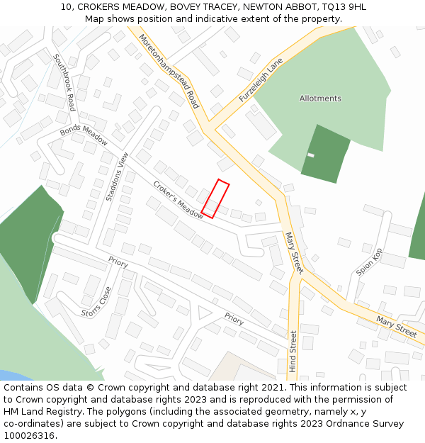 10, CROKERS MEADOW, BOVEY TRACEY, NEWTON ABBOT, TQ13 9HL: Location map and indicative extent of plot