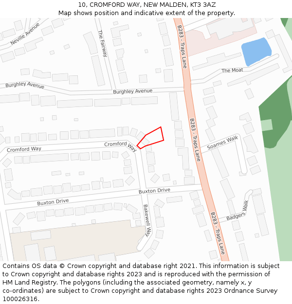 10, CROMFORD WAY, NEW MALDEN, KT3 3AZ: Location map and indicative extent of plot