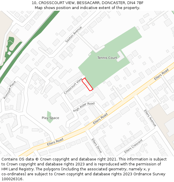 10, CROSSCOURT VIEW, BESSACARR, DONCASTER, DN4 7BF: Location map and indicative extent of plot